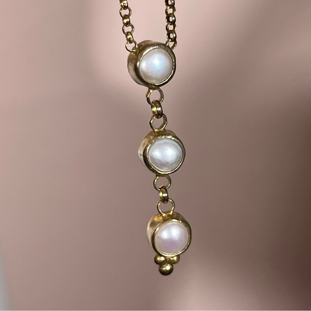 Vintage .925 Gold Vermeil Real Pearl Victorian Deco Drop Lariat Necklace 18in